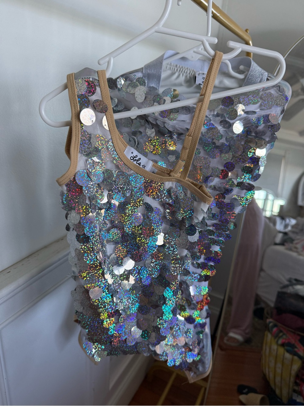 Lola + The Boys White Holographic Sequin One-Piece Swimsuit